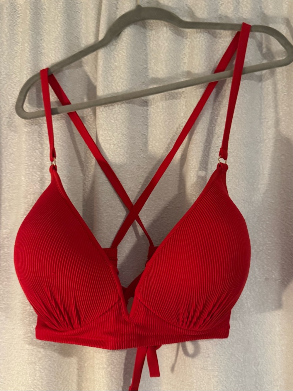 Shade & Shore Red Ribbed Strappy Bathing Suit Top with Gold Detailing